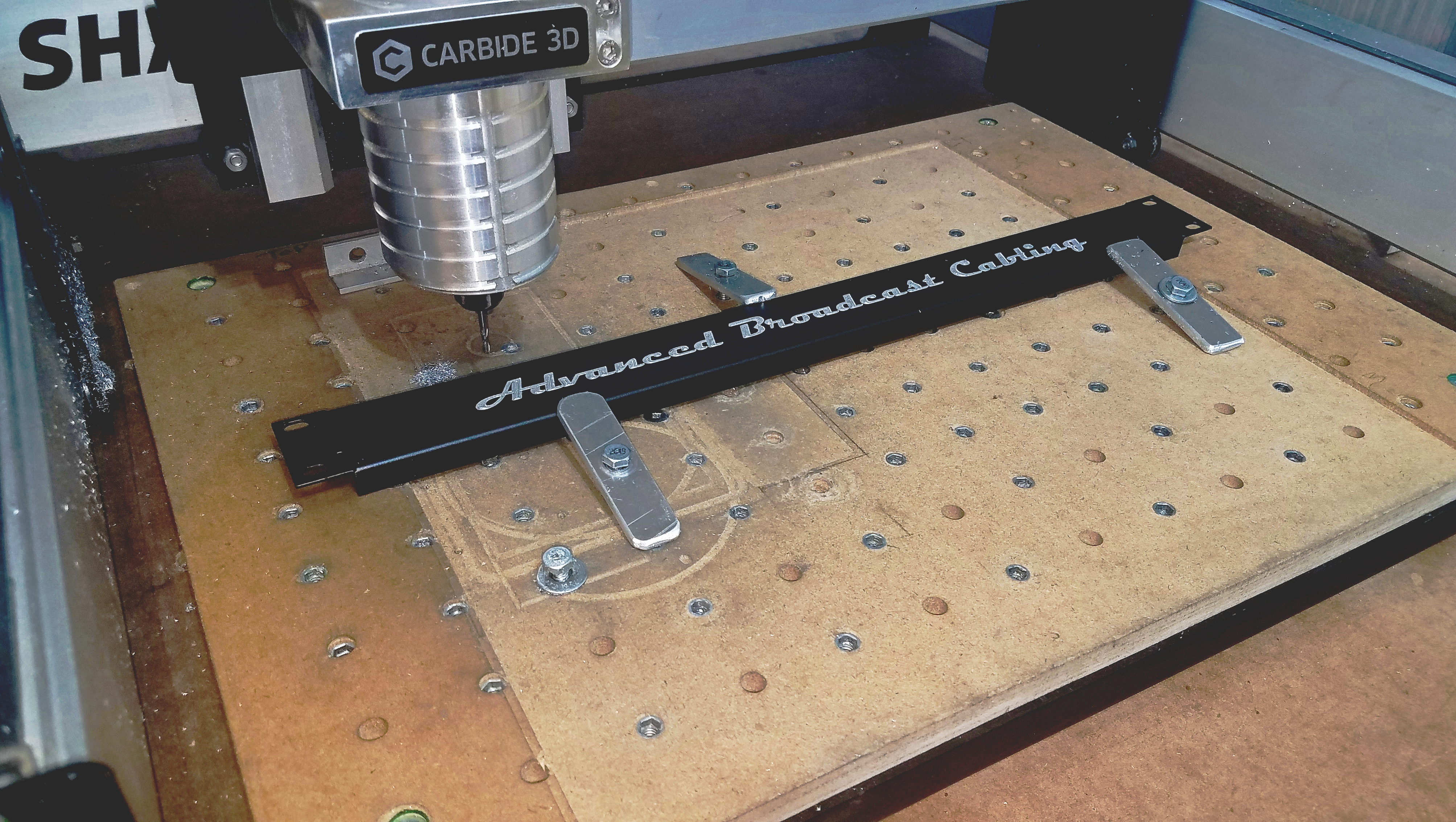 Advanced Broadcast Cabling, Installation of Cables and Equipment, CUSTOM ENGRAVING AND MANUFACTURING, CNC, RACK PANEL, WALL PLATE, CUSTOM LOGO, CARBIDE 3D, SHAPEOKO, PANEL MOUNT