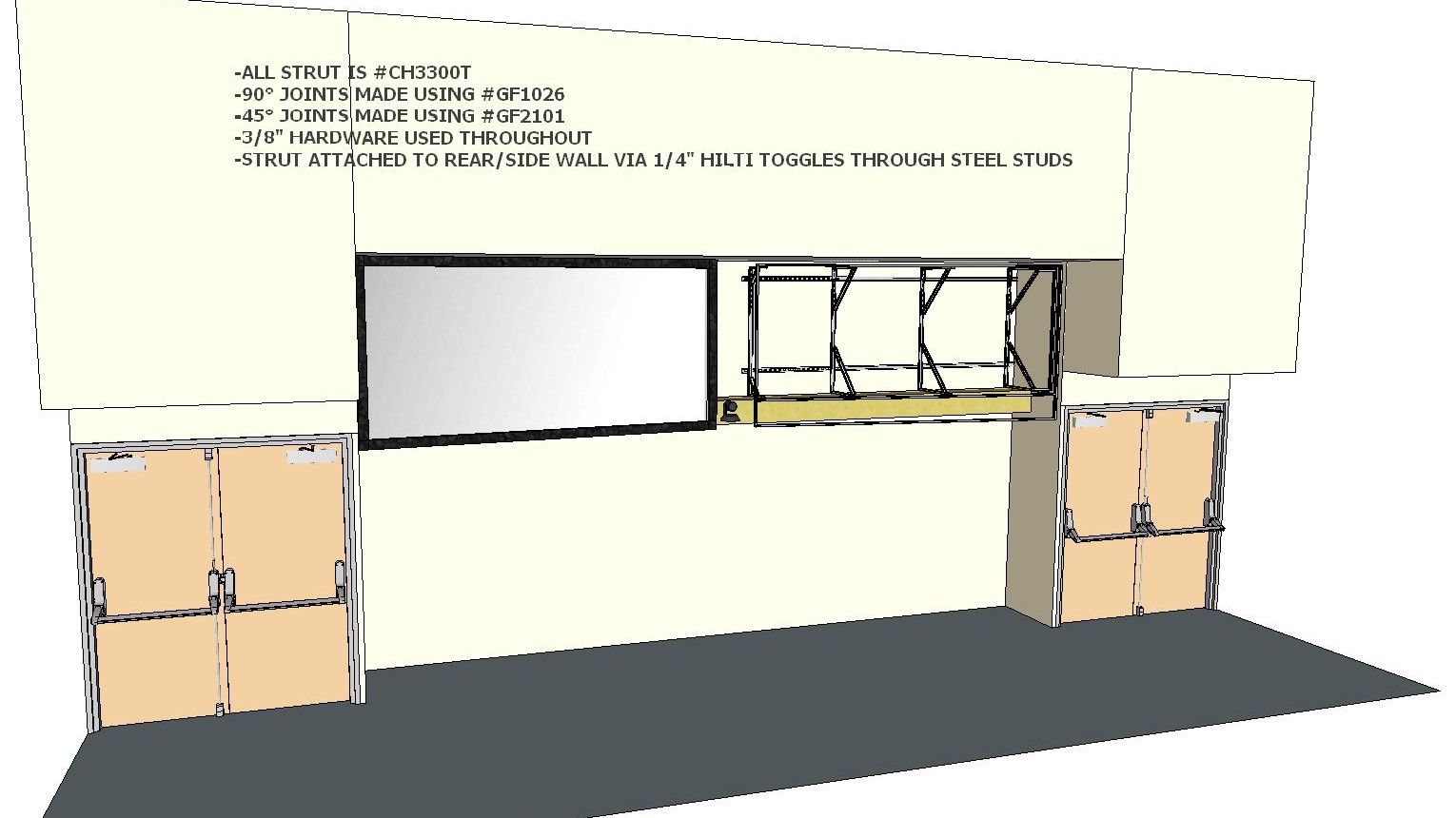 Advanced Broadcast Cabling, Installation of Cables and Equipment, STRUCTURAL DESIGN FOR FIXED FRAME SCREEN, UNISTRUT, CUSTOM MECHANICAL, DA-LITE, ANGLED SCREENS, CAD DESIGN, FIXED FRAME