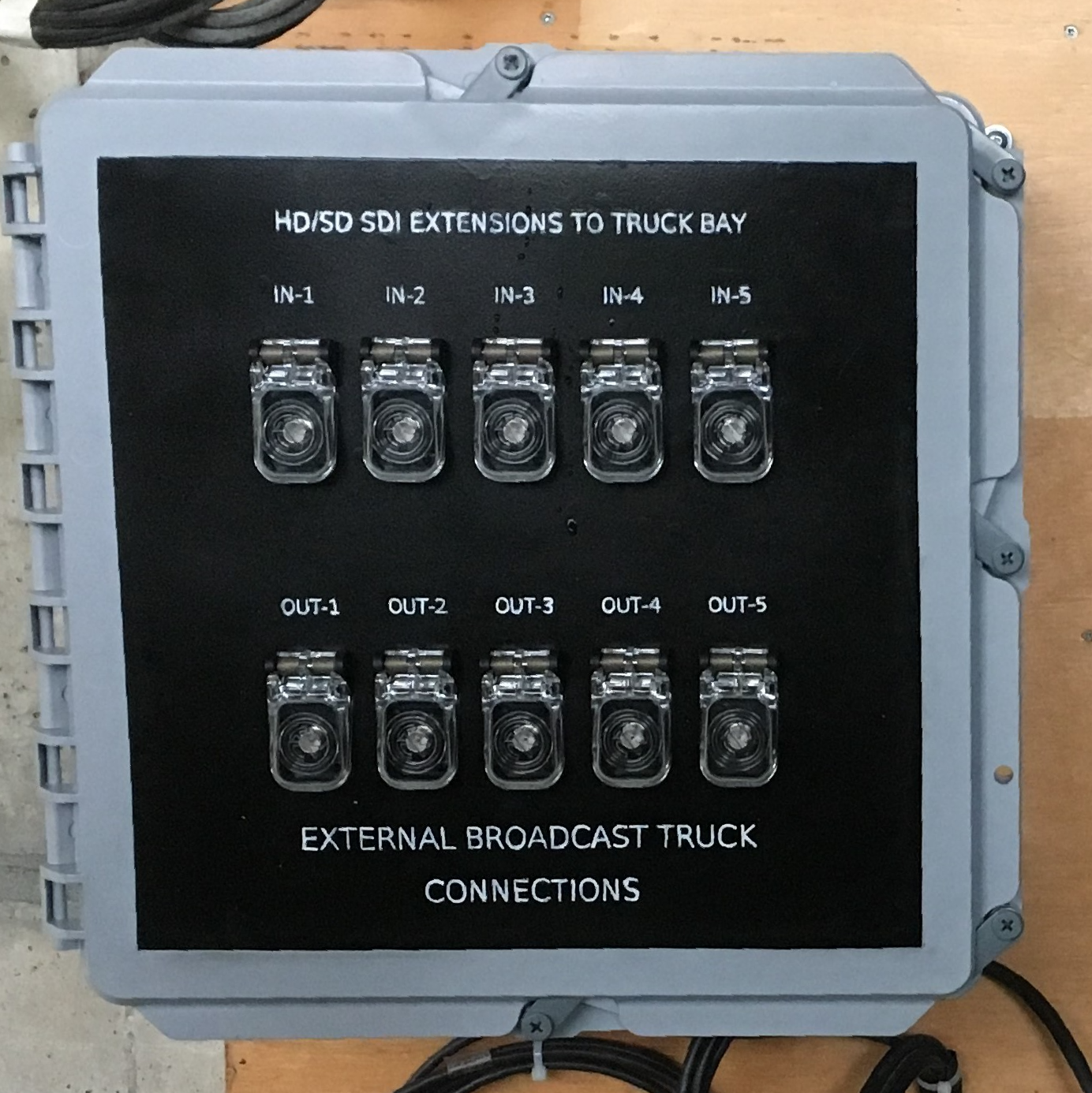 Advanced Broadcast Cabling, Installation of Cables and Equipment, CUSTOM BUILT BOX FOR EXTERIOR CONNECTIONS, CUSTOM PANEL, WEATHER PROOF, TRUCK BAY, DOME, NEUTRIK, BROADCAST PRODUCTION